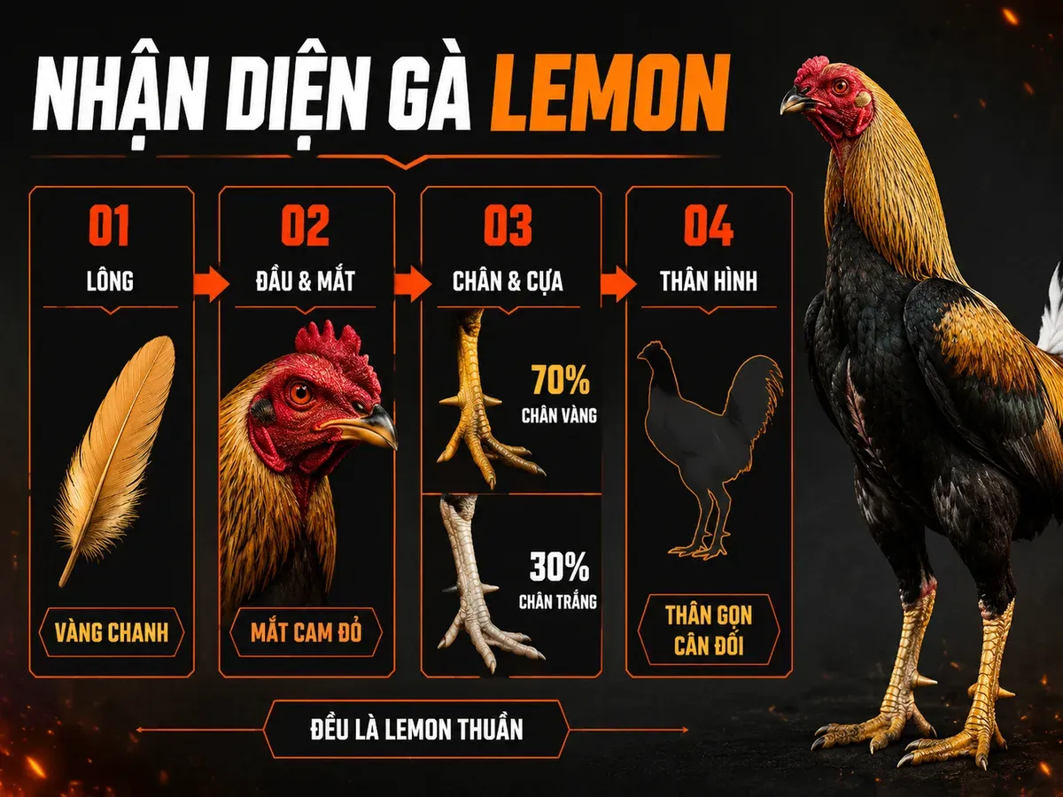 Infographic đặc điểm ngoại hình gà Lemon thuần chủng với 4 dấu hiệu nhận diện chính và tỷ lệ màu chân.