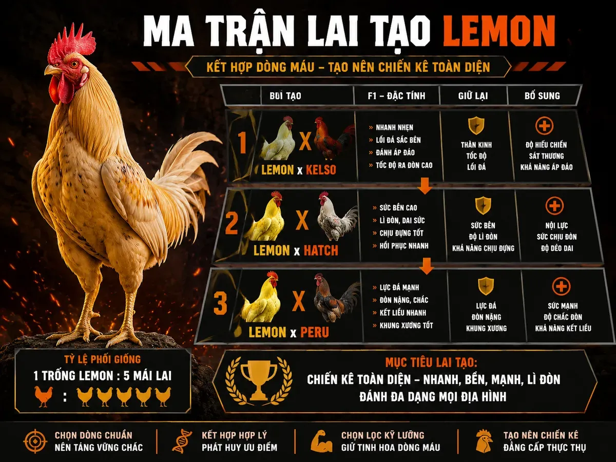 Minh hoạ bảng lai tạo chéo gà Lemon với đặc điểm F1 và các dòng lai, hình tháp phân tầng