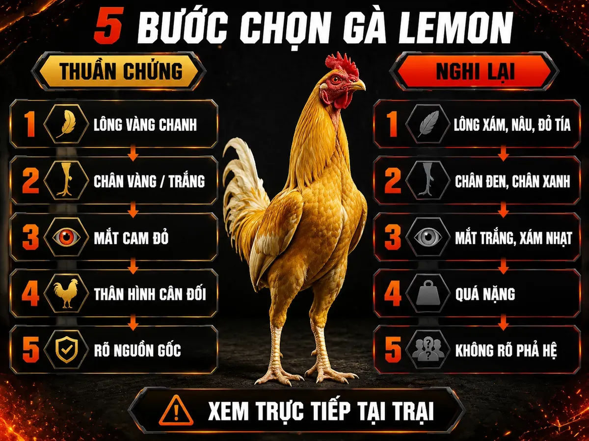 Infographic 5 bước nhận biết gà Lemon thuần chủng qua lông, chân, mắt, thân hình và nguồn gốc
