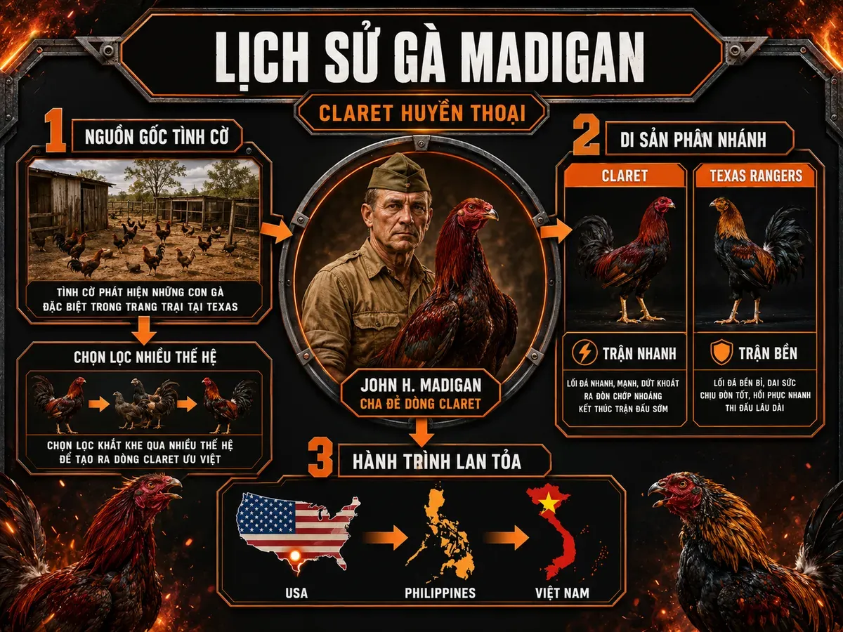 Infographic nguồn gốc và lịch sử dòng gà Madigan Claret từ John H. Madigan đến Việt Nam