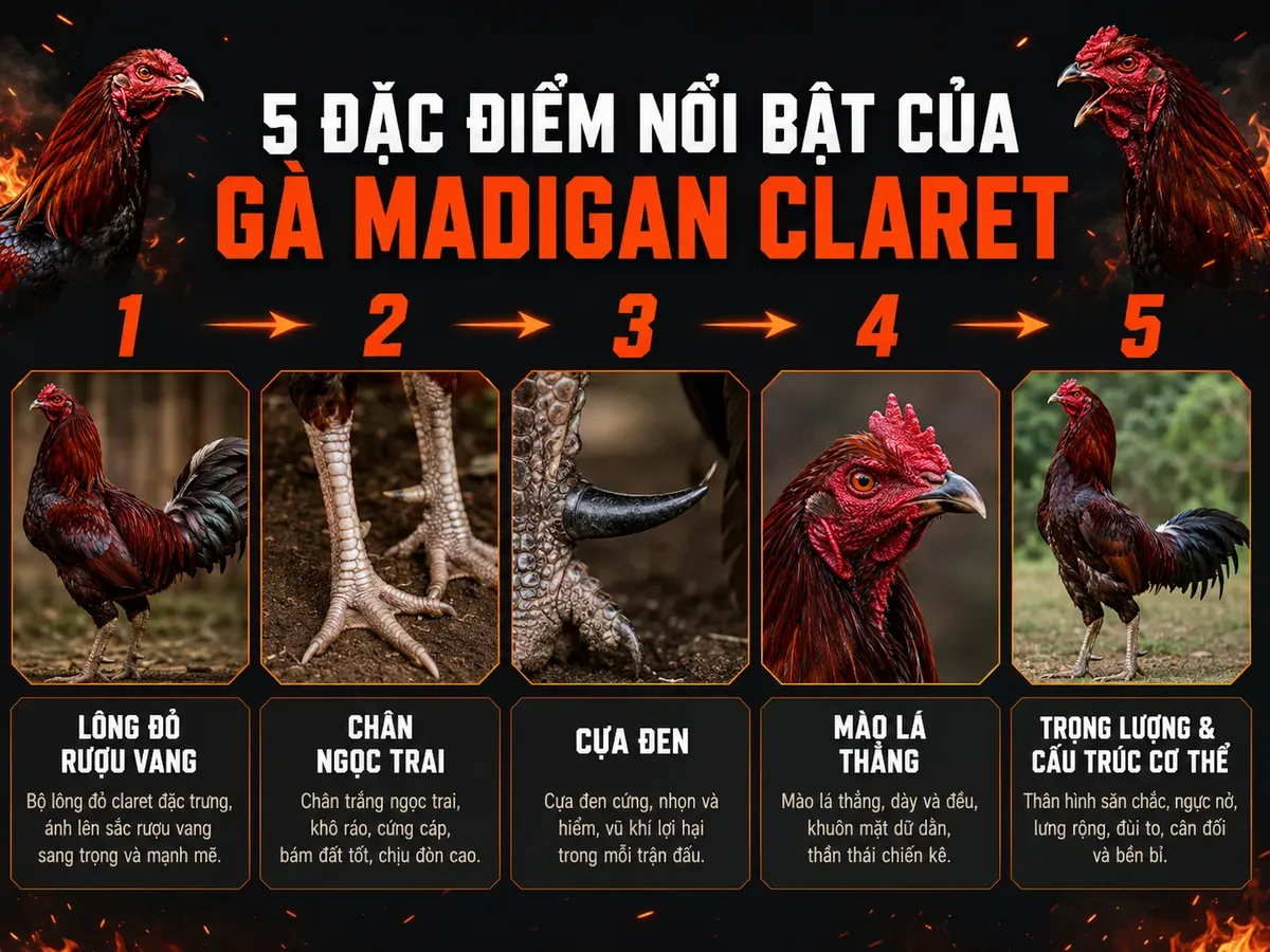 Hình ảnh infographic so sánh 5 đặc điểm nhận diện gà Madigan Claret thuần chủng, từ lông đỏ rượu vang đến cựa đen, chân ngọc trai, mào thẳng, trọng lượng gọn