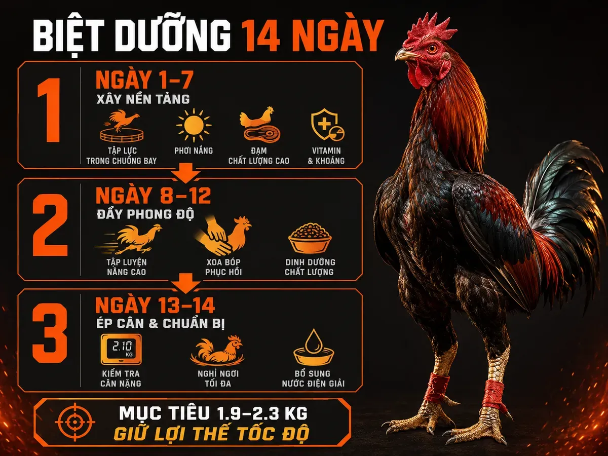 Infographic quy trình biệt dưỡng 14 ngày cho gà Madigan giữ thể trạng 1.9–2.3 kg trước thi đấu