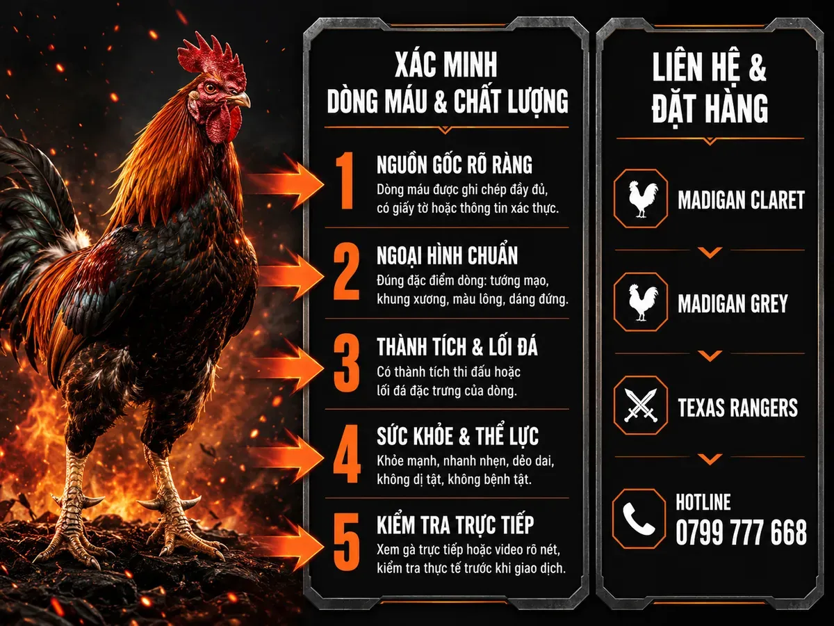 Infographic hướng dẫn mua gà Madigan thuần chủng tại Nghĩa Gò Công, hiển thị quy trình, tiêu chí và liên hệ
