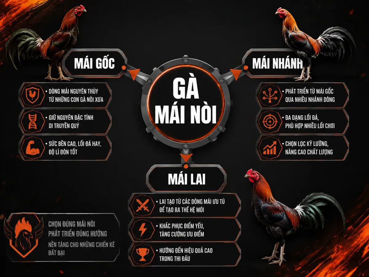 So sánh trực quan 3 loại gà mái nòi: mái gốc, mái nhánh, mái lai, giúp người nuôi phân biệt.