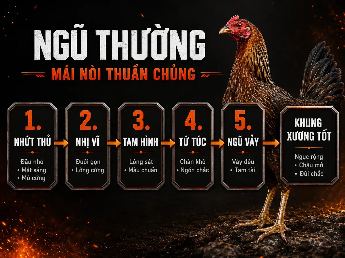 Infographic nhận biết gà mái nòi thuần chủng theo ngũ thường: đầu, đuôi, hình dáng, chân, vảy và khung xương.