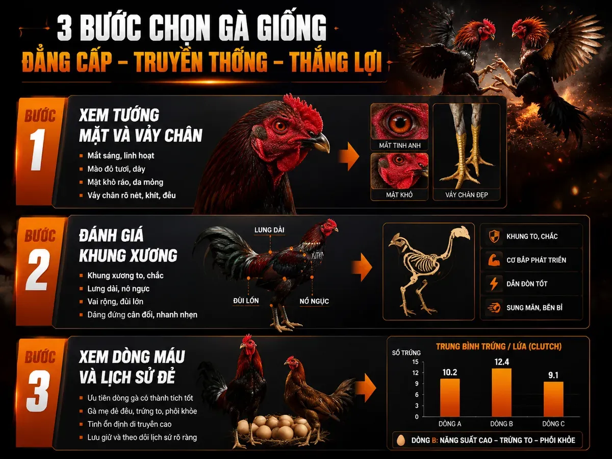 Hướng dẫn chọn gà mái nòi tốt làm giống, 3 bước, hình minh họa từng bước, số lượng trứng/lứa, gà nòi Việt