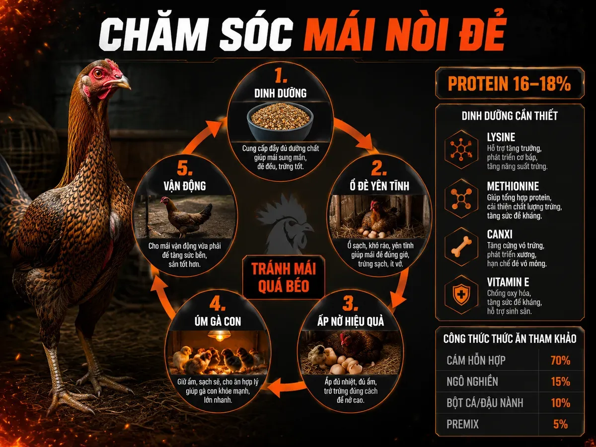 Infographic chăm sóc gà mái nòi mùa đẻ với khẩu phần protein 16-18%, Lysine, Methionine, canxi và quy trình tăng tỷ lệ nở