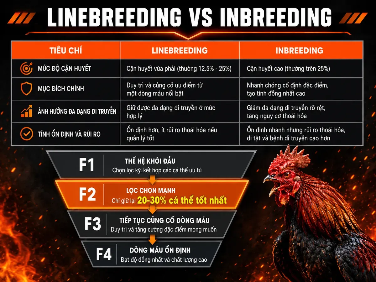So sánh kỹ thuật lai gà mái nòi Linebreeding và Inbreeding cùng quy trình 4 đời F1-F4 tại Nghĩa Gò Công