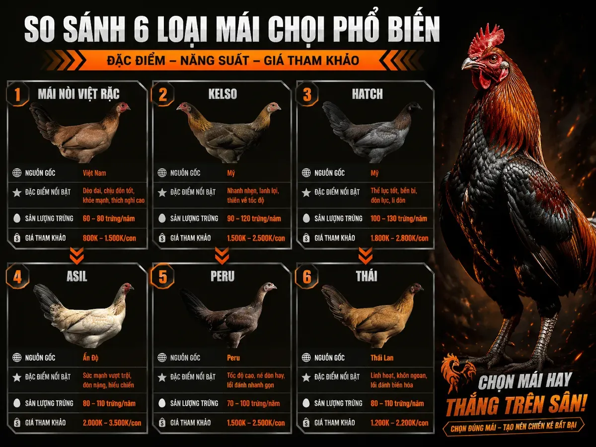Bảng so sánh 5 dòng gà mái nòi phổ biến với đặc điểm, nguồn gốc, sản lượng trứng và giá