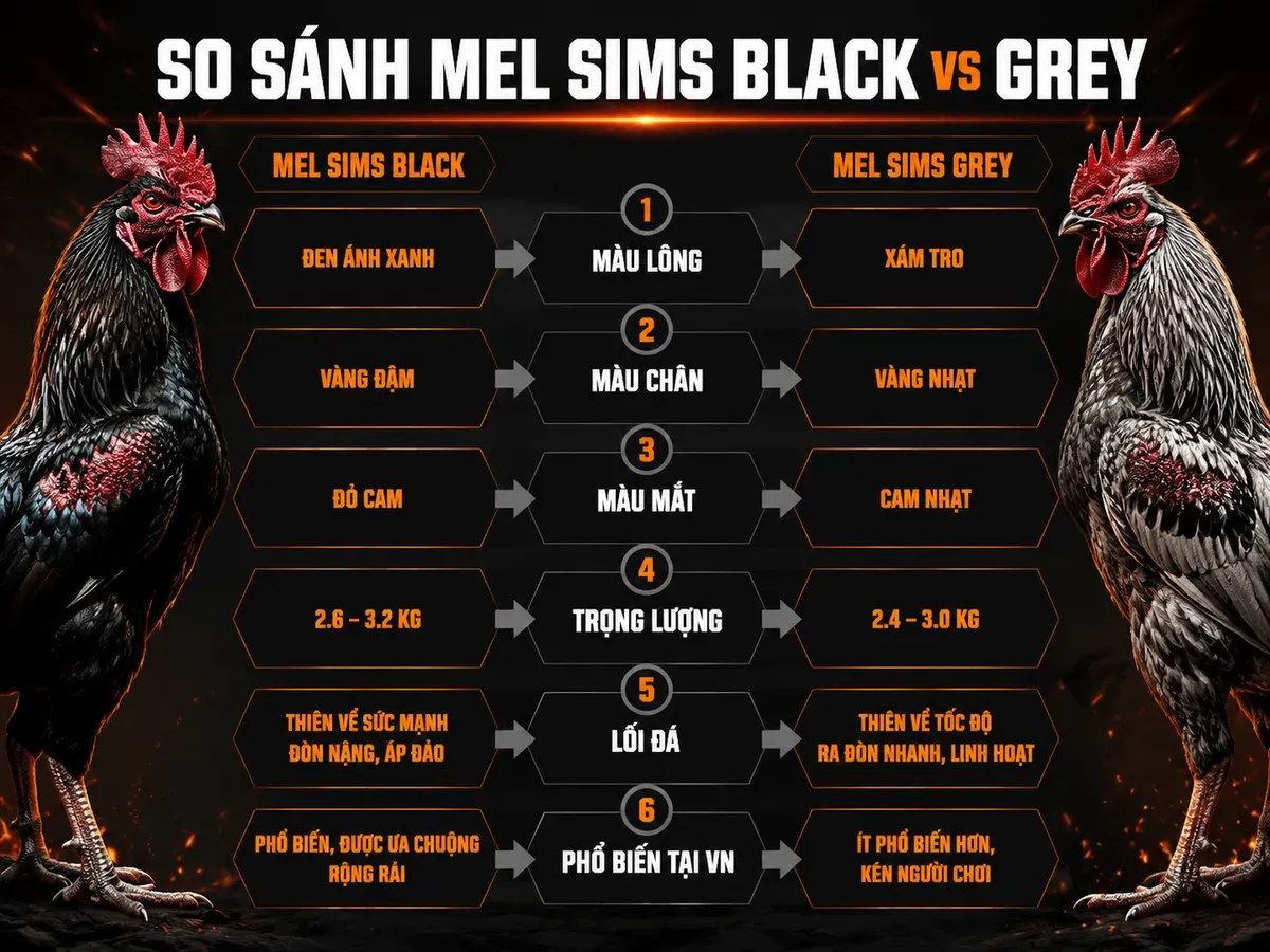 <vi SEO>Infographic so sánh Mel Sims Black và Mel Sims Grey, nhận diện đặc điểm gà chiến Việt Nam