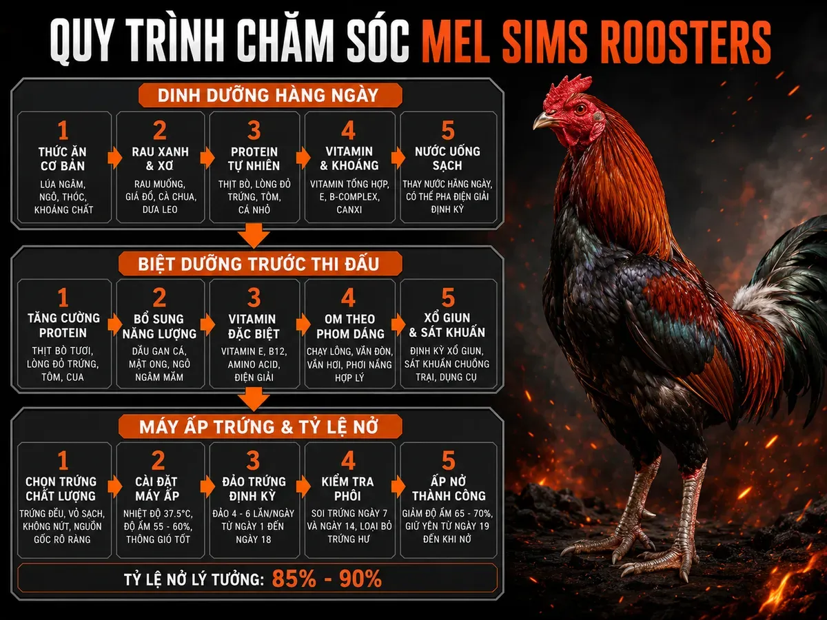 Hình minh họa quy trình chăm sóc gà Mel Sims, từ dinh dưỡng hàng ngày đến biệt dưỡng trước thi đấu, và tỷ lệ nở trứng.