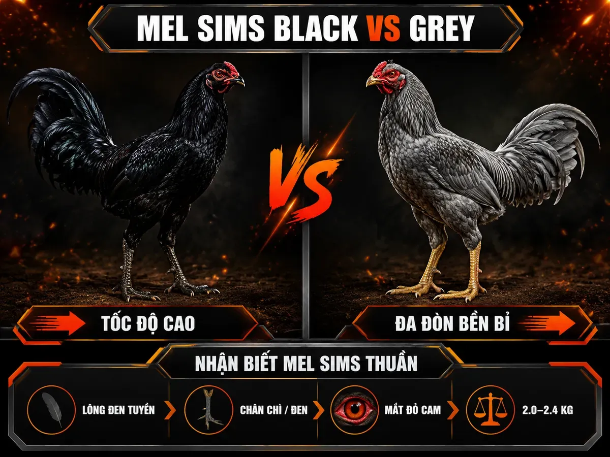 So sánh gà Mel Sims Black và Grey cùng dấu hiệu nhận biết Mel Sims thuần chủng