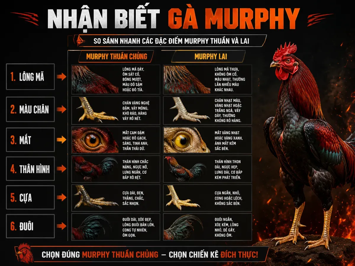 So sánh gà Murphy thuần chủng và Murphy lai qua lông, mắt, chân, thân hình, cựa và đuôi
