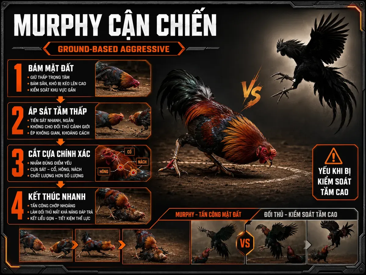 Infographic phong cách chiến đấu gà Murphy ground-based và kỹ năng cắt cựa chính xác