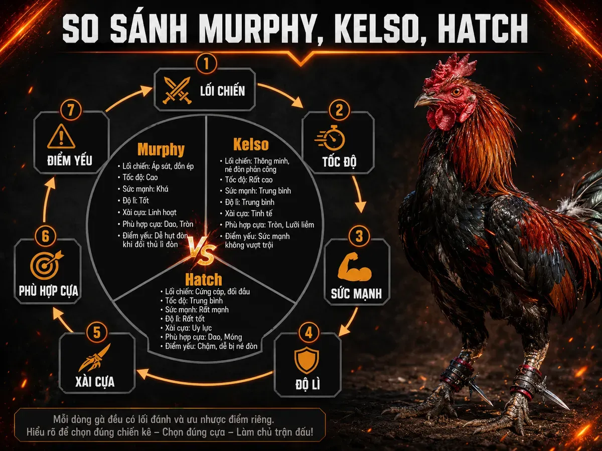 <vi SEO>So sánh ba dòng gà chiến Murphy, Kelso, Hatch theo đặc điểm chiến đấu, tốc độ, sức mạnh và kỹ thuật cựa</vi>