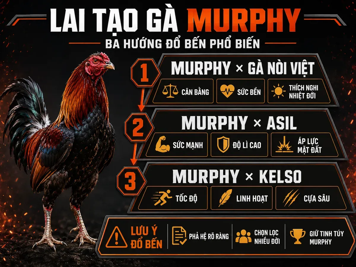 Infographic lai tạo gà Murphy tại Việt Nam với Murphy x Gà Nòi Việt, Asil và Kelso theo kỹ thuật đổ bến chọn lọc.