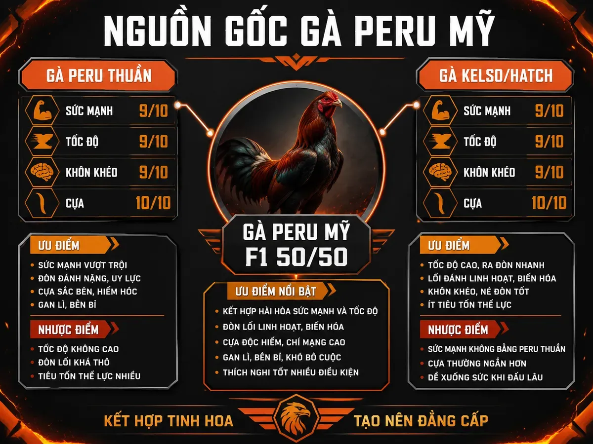Sơ đồ so sánh lai tạo gà Peru Mỹ với Peru thuần và Kelso, hiển thị sức mạnh và kỹ năng