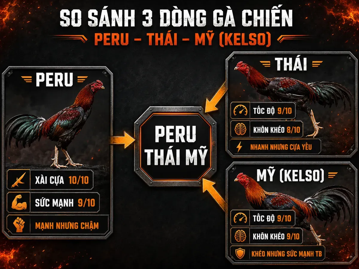 Biểu đồ so sánh ba dòng máu gốc Peru Thái Mỹ với chỉ số xài cựa, tốc độ, sức mạnh và khôn khéo.