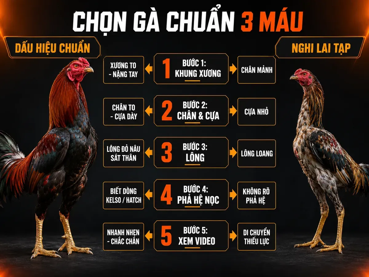Infographic cách chọn gà Peru Thái Mỹ chuẩn 3 máu với 5 bước kiểm tra khung xương, chân cựa, lông, phả hệ và vận động