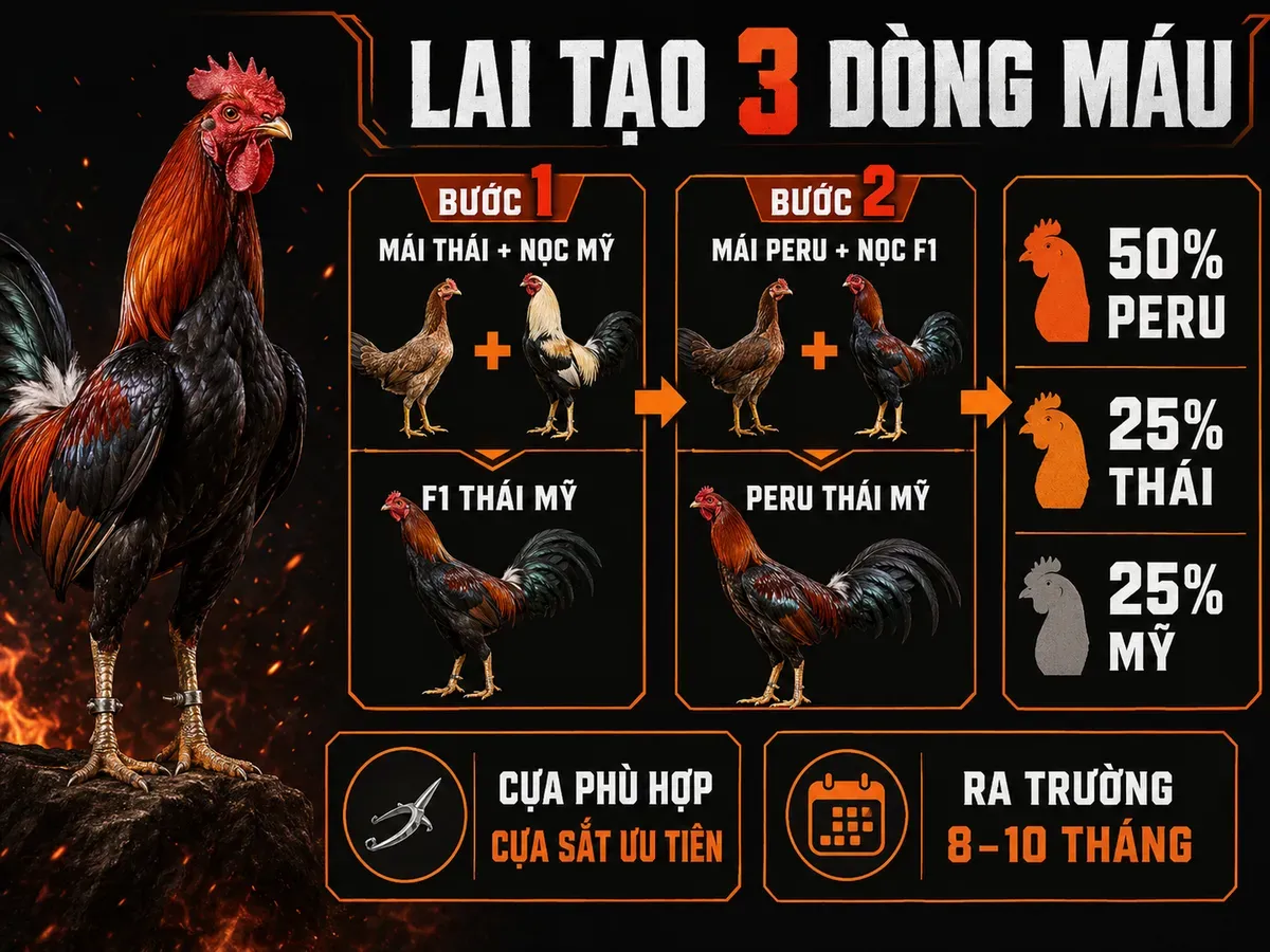 Infographic công thức lai tạo gà Peru Thái Mỹ 3 dòng máu chuẩn với tỷ lệ gen và mốc phát triển