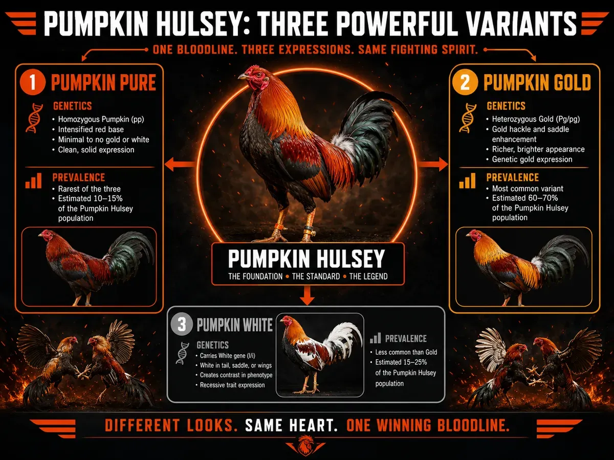 Hình so sánh 3 biến thể màu lông gà chiến Pumpkin Hulsey: Pure, Gold, White, kèm thông tin gen và độ phổ biến