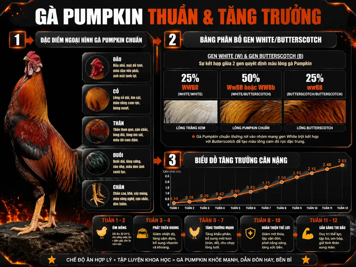 Diagram thể hiện cơ chế gen và biểu đồ tăng trưởng cân nặng gà Pumpkin, phong cách combat, nền tối, nhãn rõ ràng.