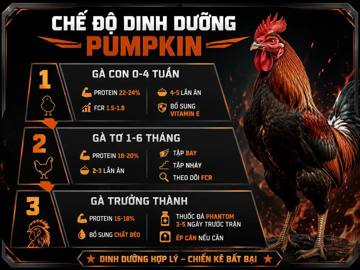 Infographic hướng dẫn chăm sóc gà Pumpkin từ giai đoạn gà con tới gà trưởng thành, dinh dưỡng, FCR, phòng bệnh.