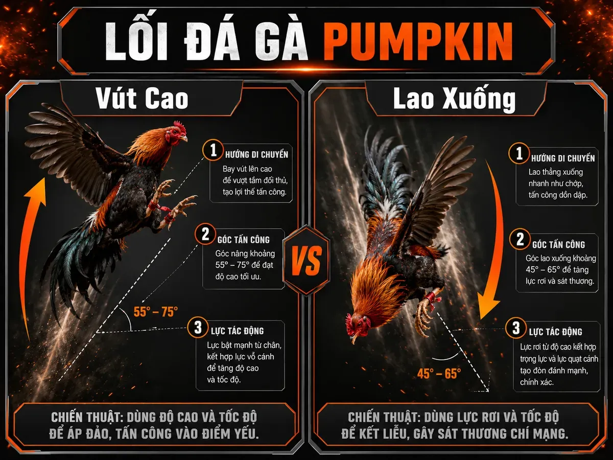 Hình ảnh diagram so sánh lối đá của gà Pumpkin, minh hoạ vút cao rồi lao xuống, nhãn thông tin rõ ràng, màu cam nhấn mạnh
