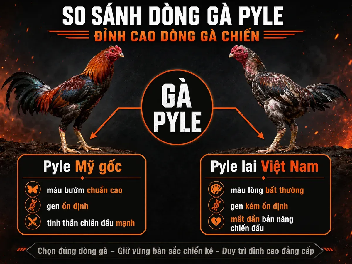 So sánh nguồn gốc gà Pyle Mỹ gốc và Pyle lai Việt Nam, minh họa đặc tính gen bướm và chiến đấu