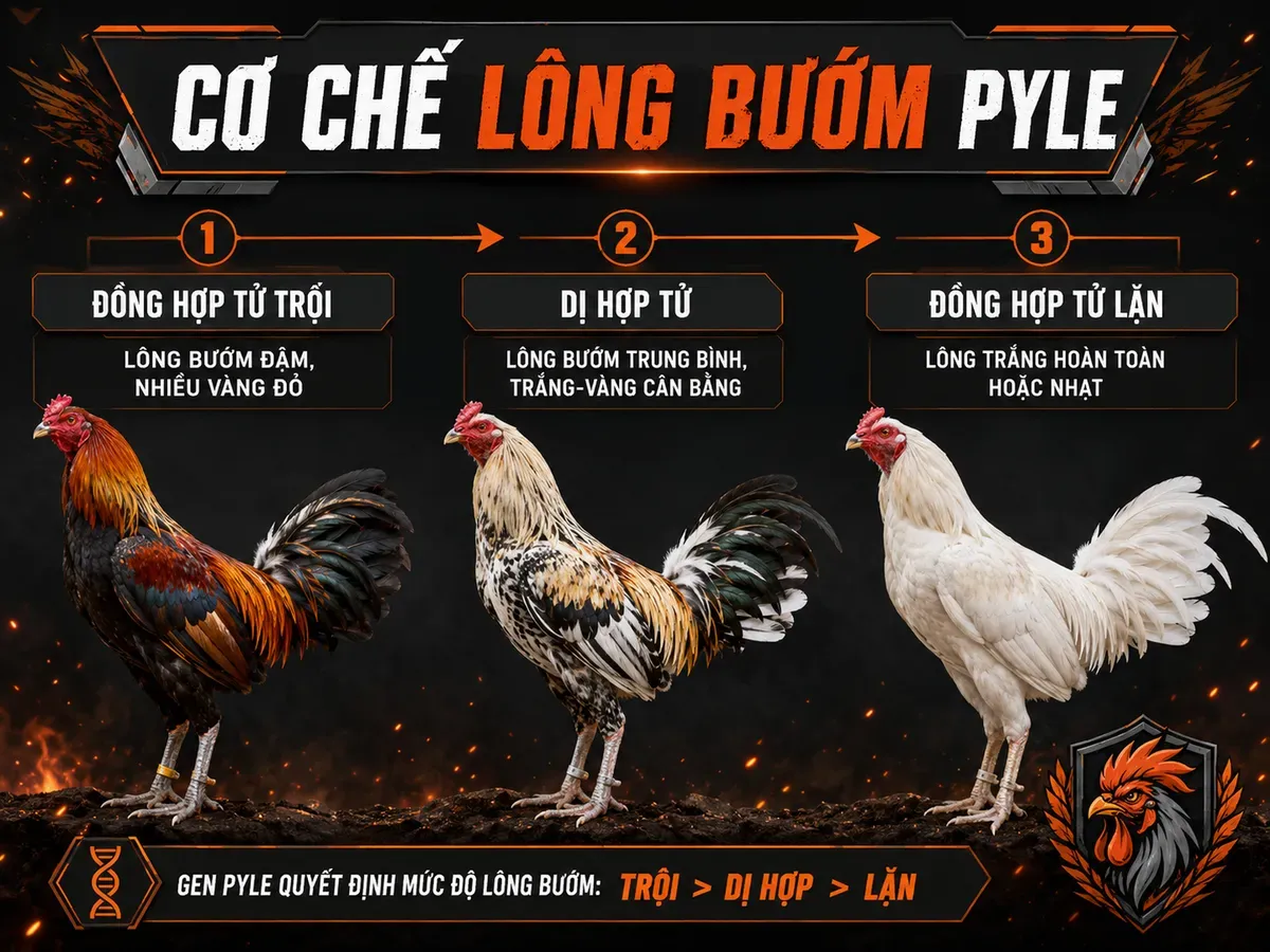 Cơ chế gen bướm bất toàn gà Pyle, biểu đồ so sánh đồng hợp tử trội, dị hợp tử, đồng hợp tử lặn