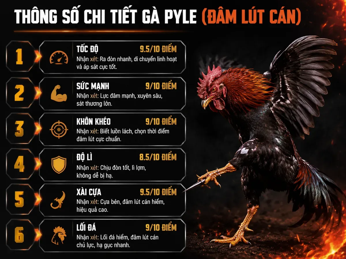 Bảng so sánh chỉ số chiến đấu gà Pyle với hình minh họa cú đâm lút cán, phong cách Pyle oai vệ
