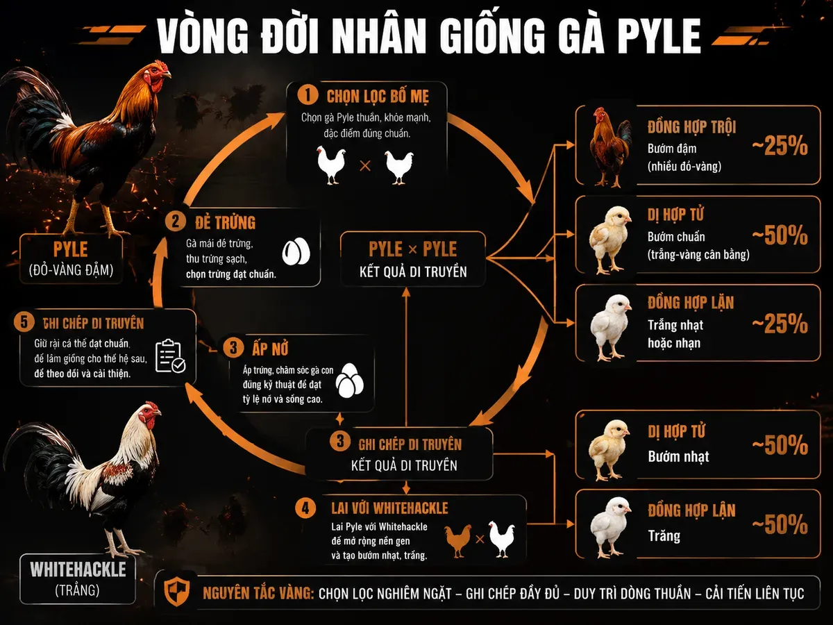 <vi SEO>Vòng đời nhân giống gà Pyle với bảng tỷ lệ gen bướm bất toàn và biểu hiện màu minh hoạ các bước phối, ấp trứng, chọn trống mái.</vi>