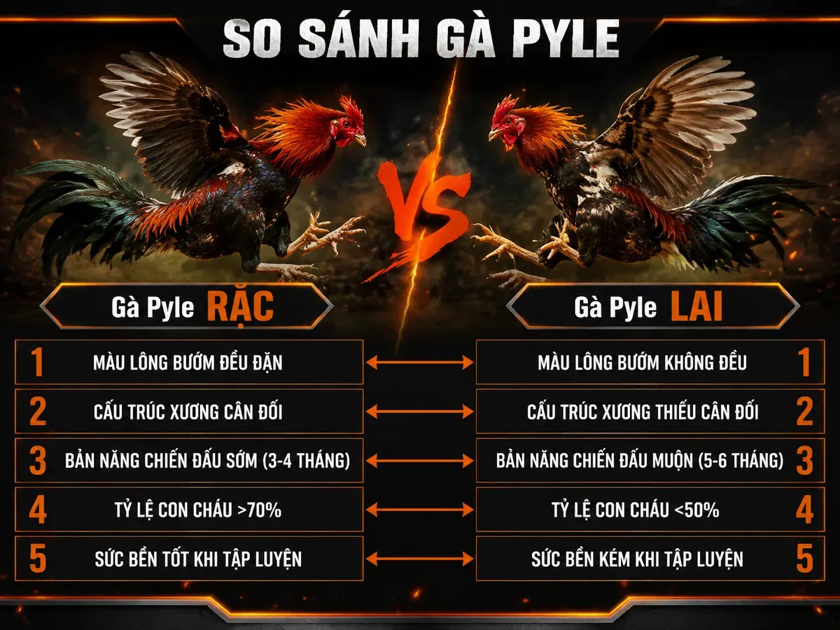 Hình minh hoạ so sánh gà Pyle rặc và gà Pyle lai theo 5 đặc điểm nhận biết, phong cách gà chiến Nghĩa Gò Công