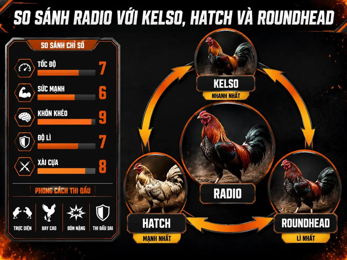 Infographic so sánh gà Radio Kelso Hatch Roundhead về tốc độ sức mạnh độ lì và lối đánh