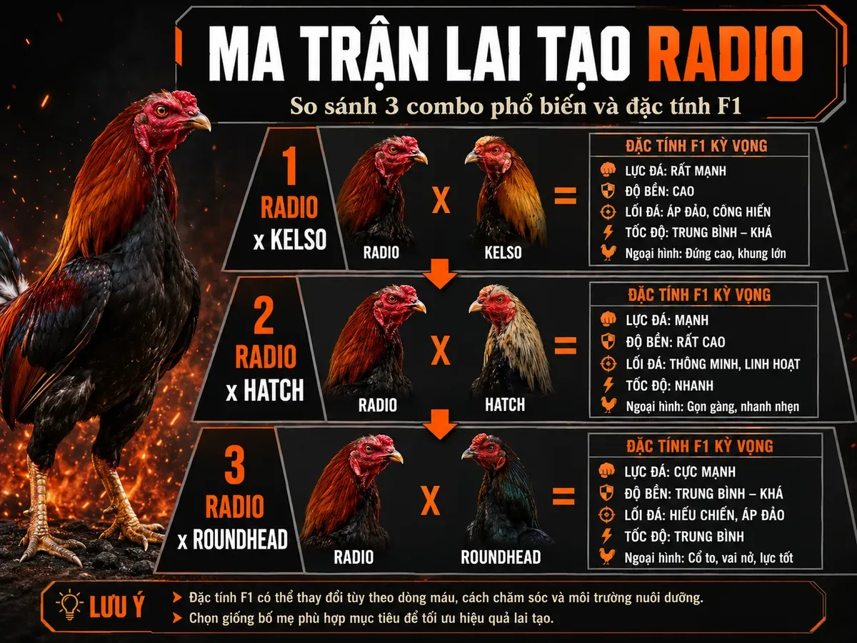 <vi>Sơ đồ ma trận lai tạo gà Radio với 3 combo phổ biến và kết quả F1</vi>