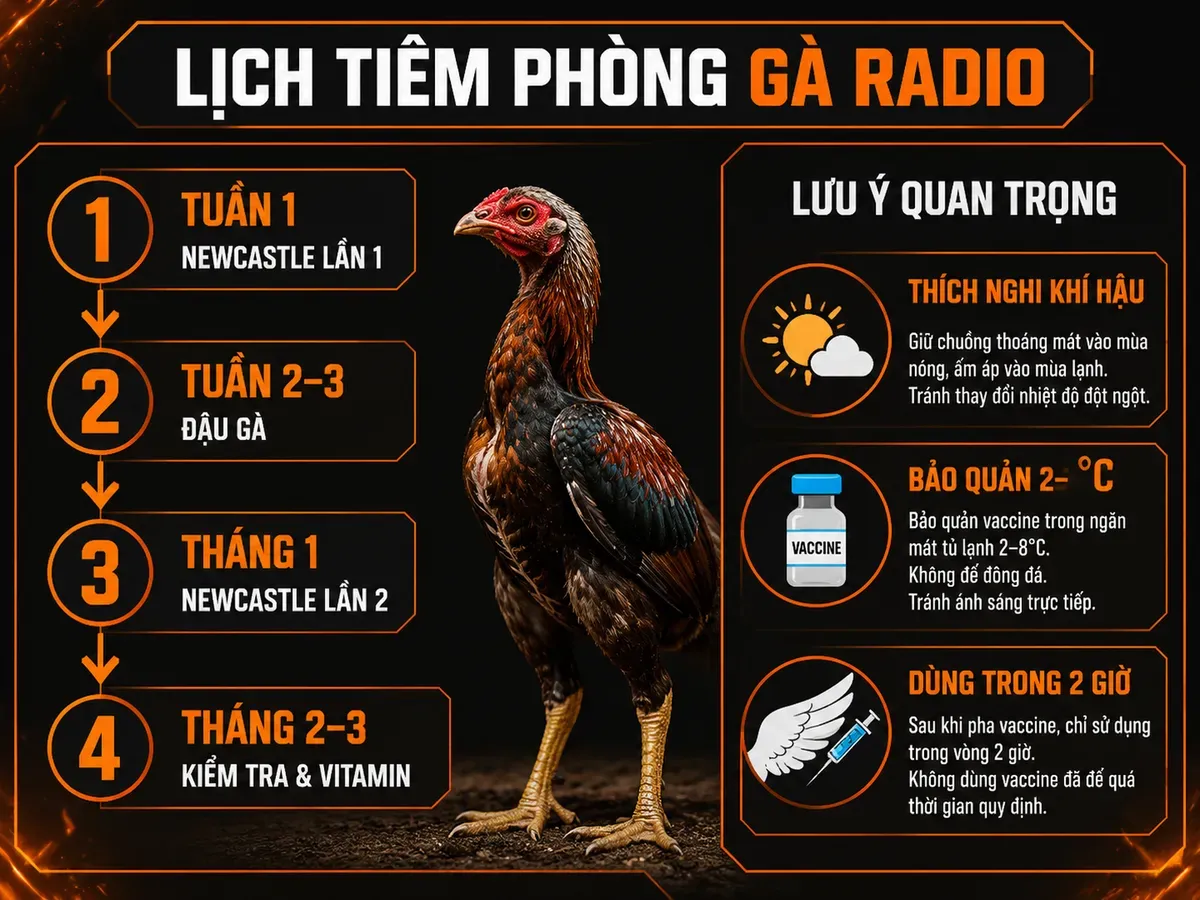 Infographic lịch tiêm phòng vắc xin cho gà Radio con, các mốc Newcastle, đậu gà và bảo quản vắc xin đúng cách.