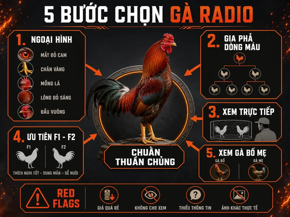 Infographic 5 bước chọn mua gà Radio thuần chủng và nhận diện dấu hiệu rủi ro
