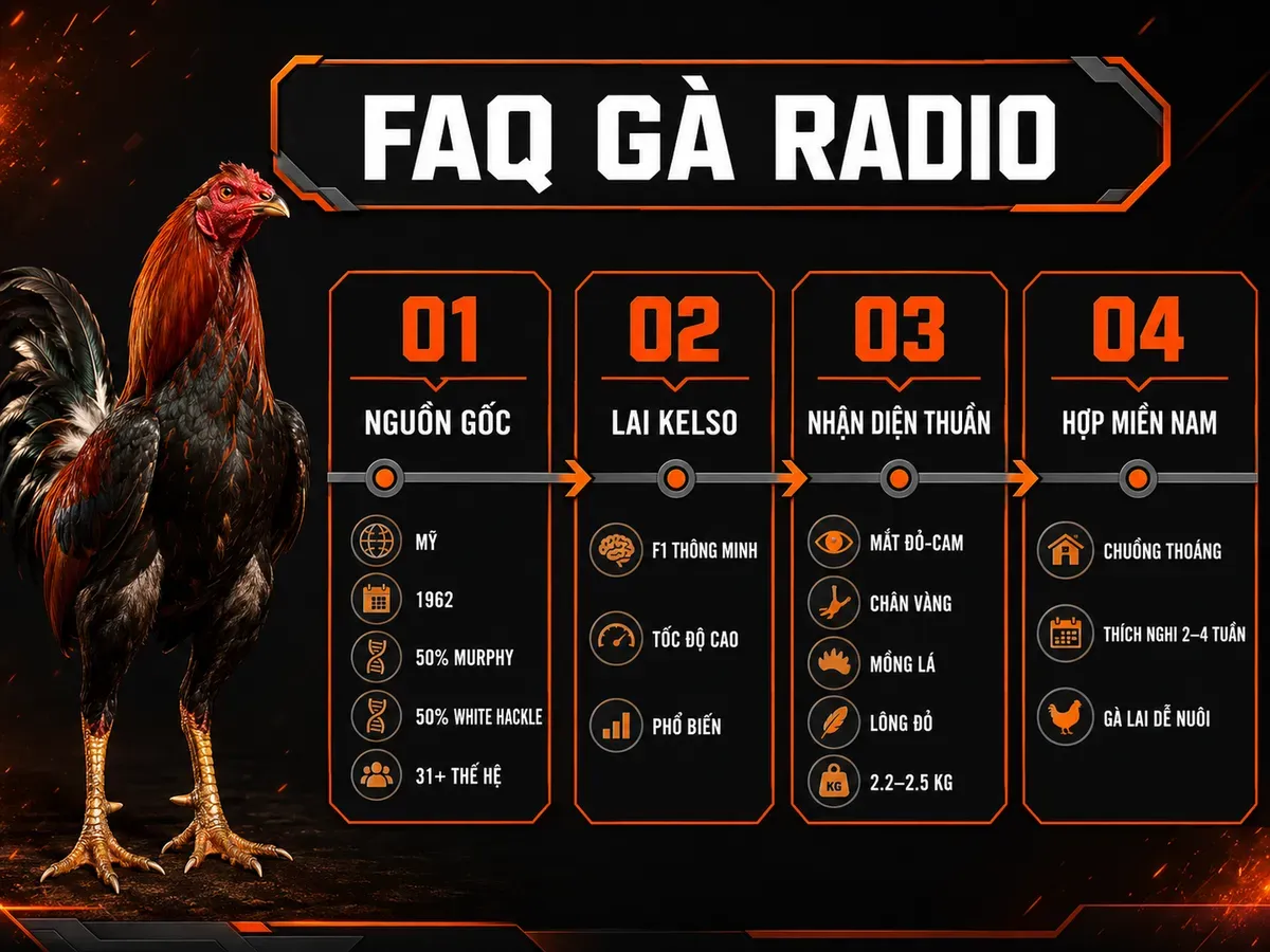 Infographic câu hỏi thường gặp về gà Radio: nguồn gốc, lai Kelso, đặc điểm nhận diện và khả năng thích nghi khí hậu Việt Nam.