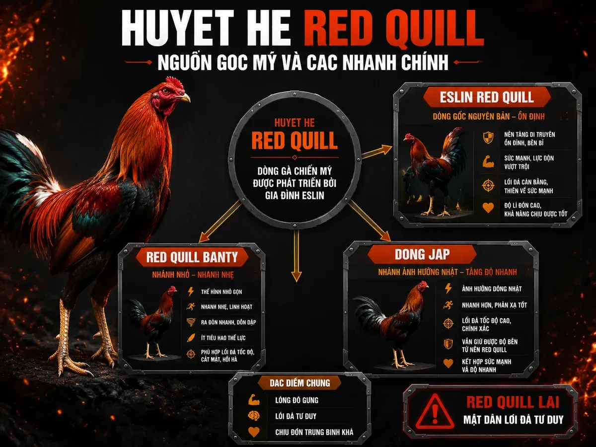 Sơ đồ huyết hệ Red Quill gốc Mỹ và các nhánh Eslin, Banty, Jap cùng đặc điểm nhận diện