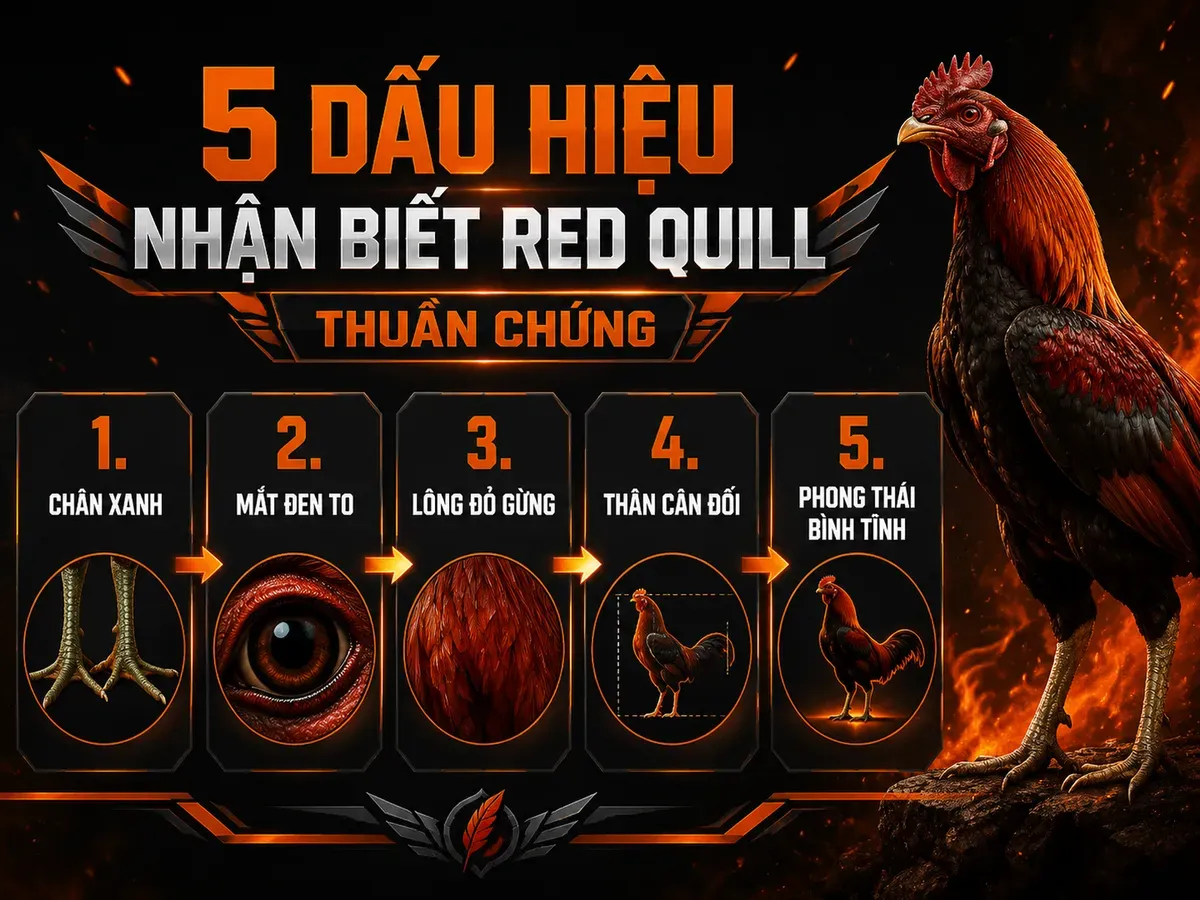 Minh họa 5 dấu hiệu nhận biết gà Red Quill thuần chủng với chân xanh, mắt đen, lông đỏ gừng, thân cân đối và phong thái bình tĩnh