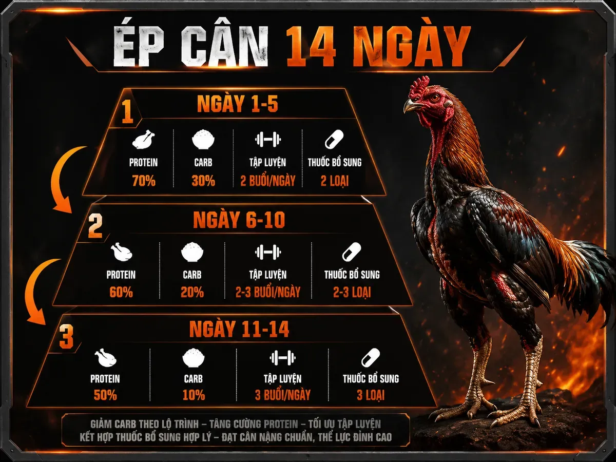 Minh họa tháp 14 ngày ép cân gà Red Quill, chế độ dinh dưỡng và tập luyện, gà chiến oai vệ, phong cách dark combat