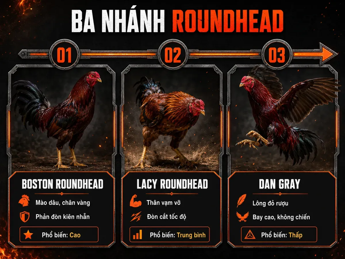 So sánh các nhánh phụ Boston Roundhead, Lacy Roundhead và Dan Gray với đặc điểm ngoại hình và lối đá