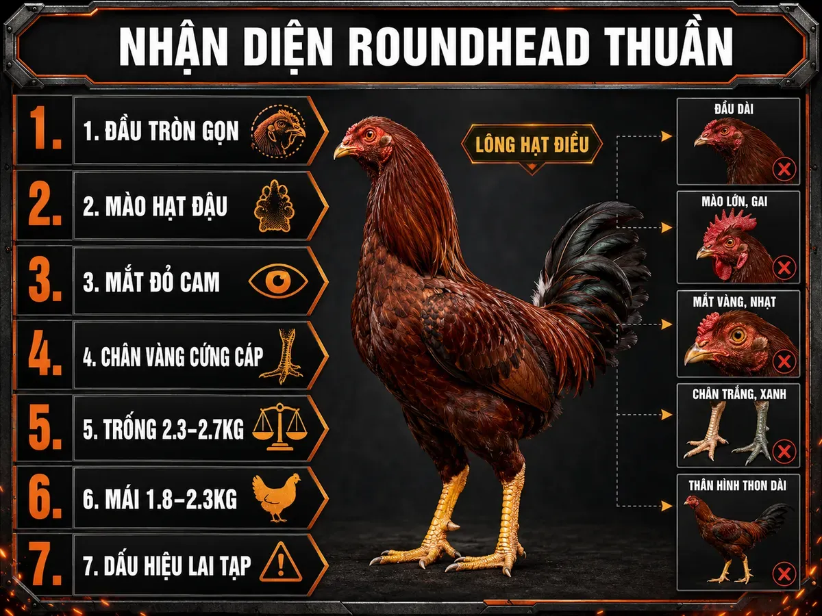 Infographic nhận diện gà Roundhead thuần chủng qua đầu tròn, mào hạt đậu, mắt đỏ cam, chân vàng và phân biệt với gà lai.