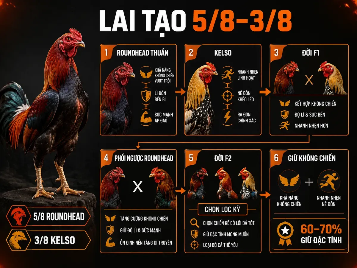 Infographic kỹ thuật lai tạo Roundhead Kelso theo phương pháp 5/8 3/8 với quy trình F1 F2 và đặc tính không chiến