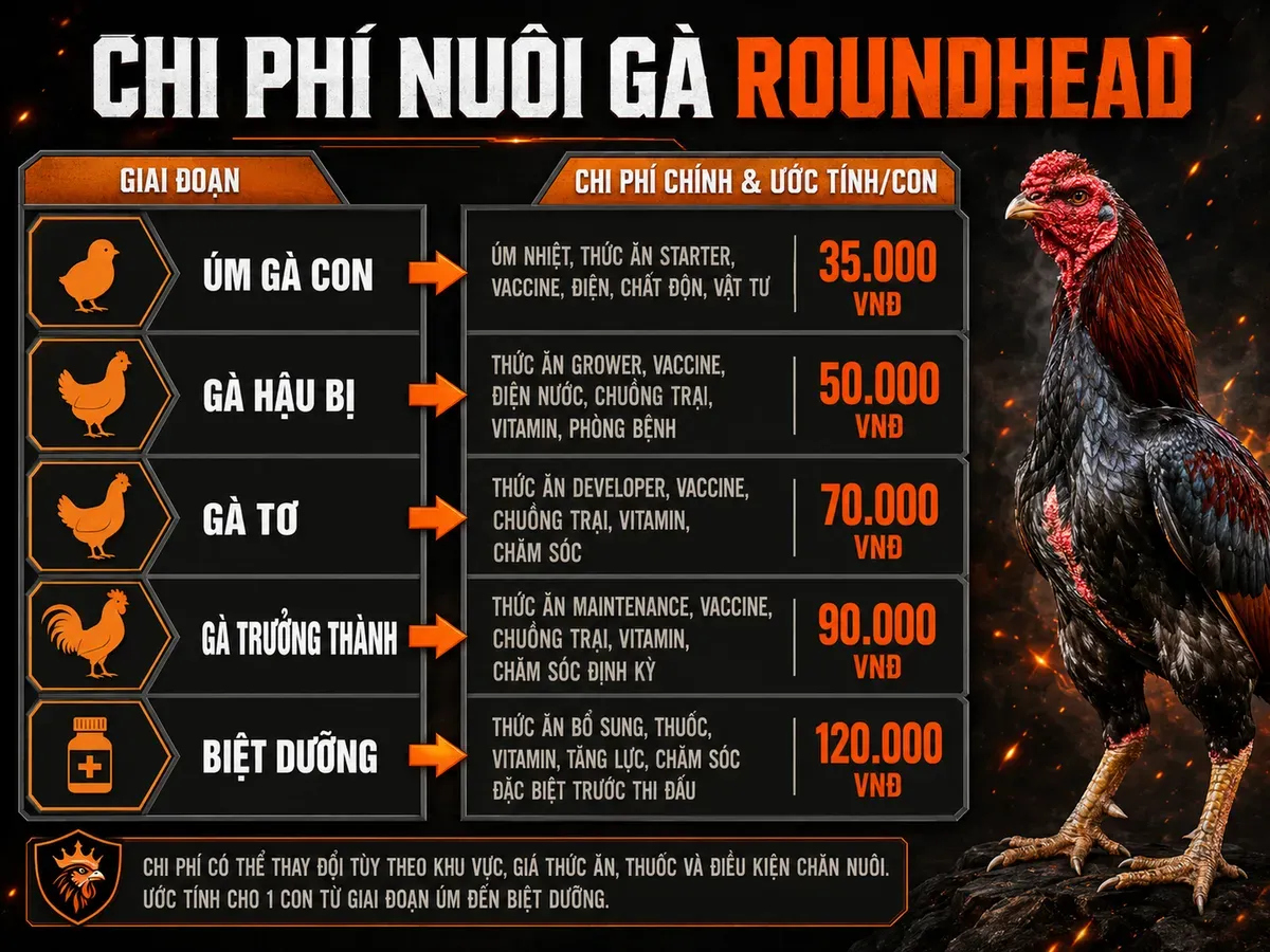 Bảng chi phí nuôi gà Roundhead từ 0-10 tháng với hình ảnh gà chiến oai vệ