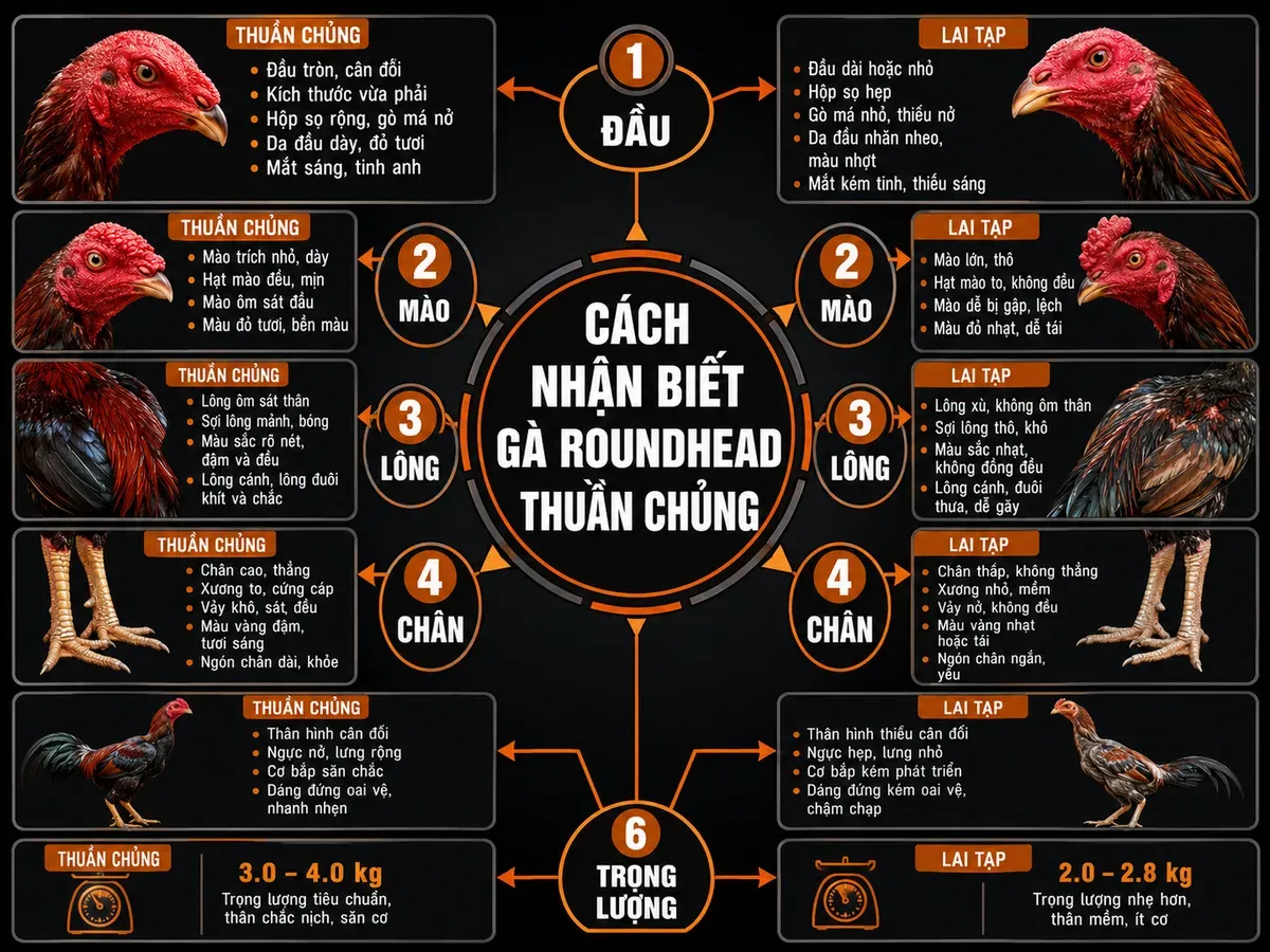 So sánh dấu hiệu gà Roundhead thuần chủng và lai tạp, đầu tròn, mào hạt đậu, lông đồng đều, chân vàng, thân compact, trọng lượng đúng khung