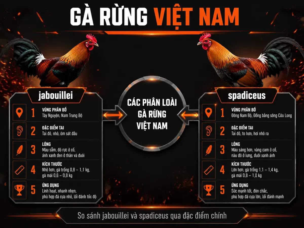 So sánh 2 phân loài gà rừng Việt Nam jabouillei và spadiceus, đặc điểm tai, lông, kích thước, vùng phân bố
