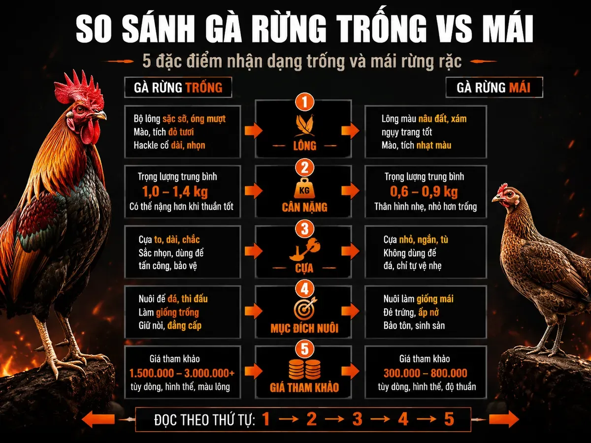 So sánh gà rừng trống và mái rặc qua lông, cân nặng, cựa, mục đích nuôi và giá tham khảo, thiết kế dark combat.