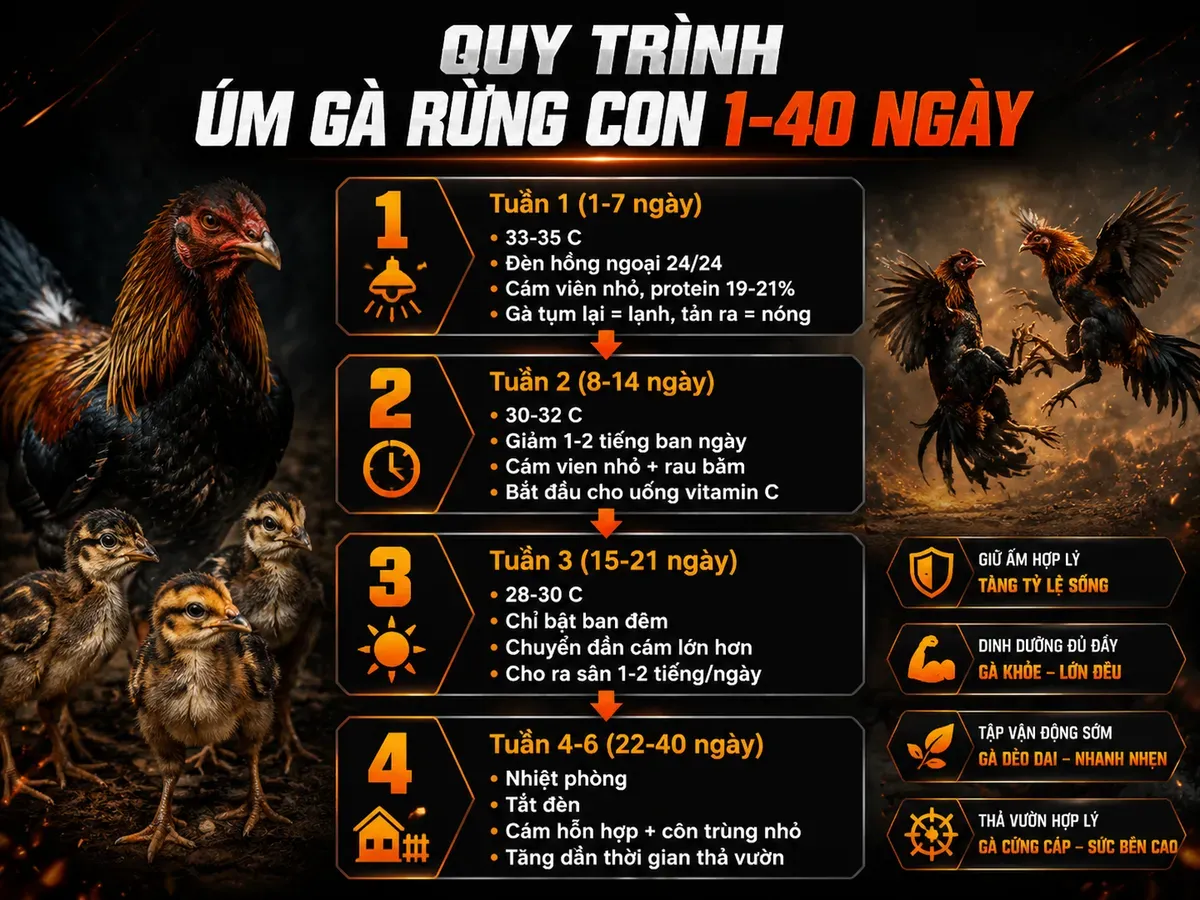 Quy trình úm gà rừng con 1-40 ngày, chi tiết nhiệt độ, cám, đèn sưởi, phòng bệnh