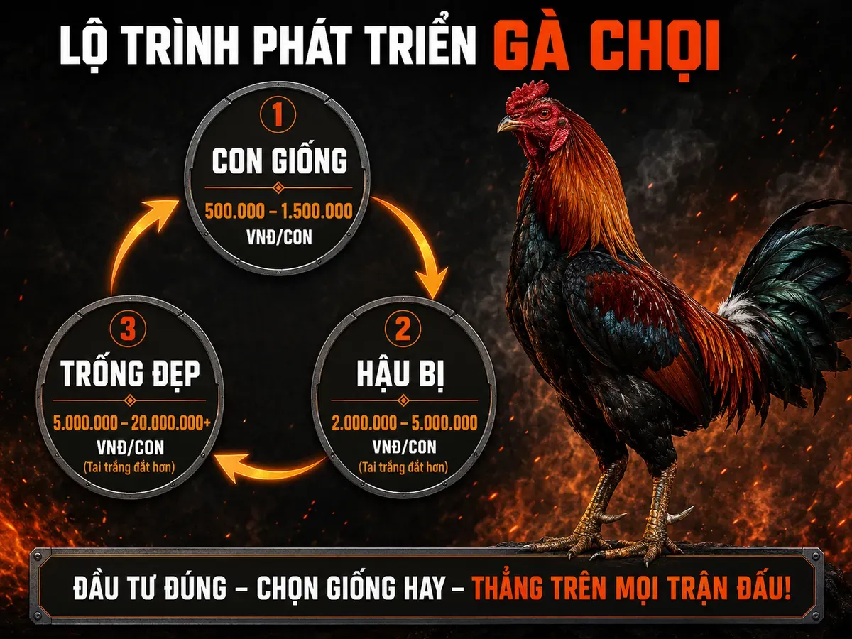 <vi>Infographic so sánh bảng giá gà rừng Việt Nam theo phân khúc Con giống, Hậu bị, Trống đẹp; nhấn mạnh tai trắng đắt hơn, phong cách combat dark</vi>
